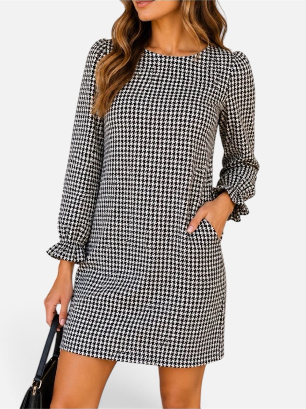 LOFT Outlet Houndstooth Long Sleeve Ruffle Cuff Dress